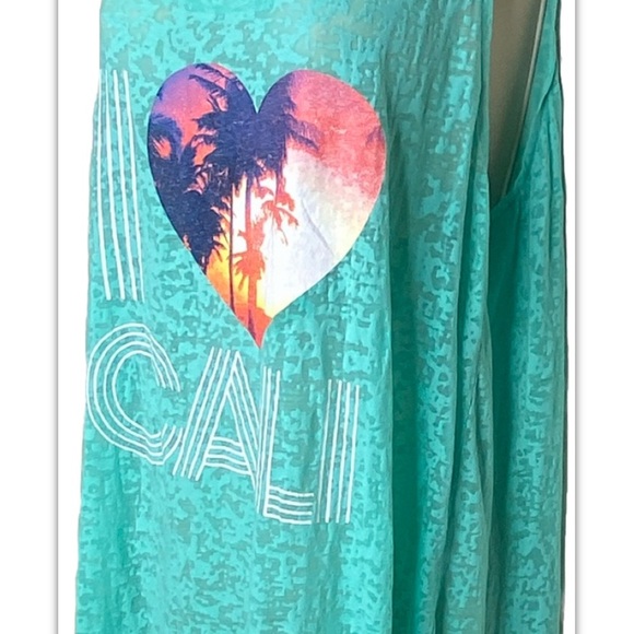Rampage Women’s I Love Cali Tank Top XL Turquoise With Fringe Semi-Sheer Summer - Picture 7 of 11